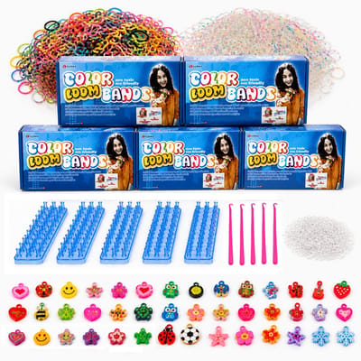 5 Startersets Loom Elastiekjes – 7000 Multicolor Loom Bands, 5 Loomborden, 5 Loomnaalden, 250 Hangertjes + 5 Instructiekaarten – Perfect voor Kinderfeestjes