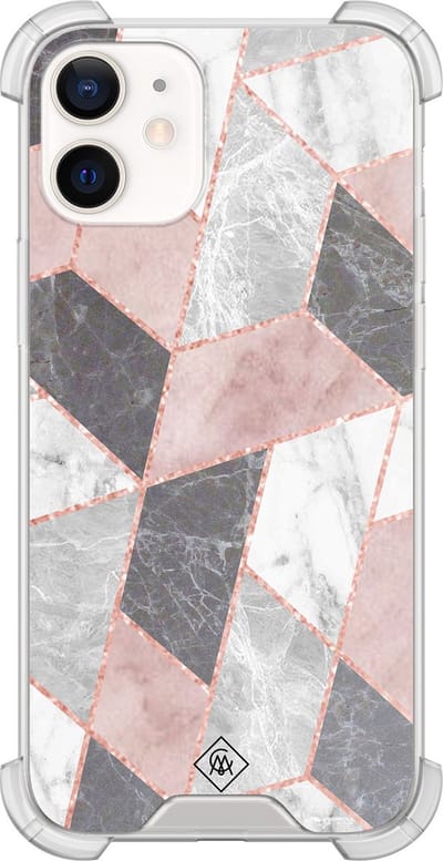 Casimoda® hoesje - Geschikt voor iPhone 12 Mini - Stone grid marmer / Abstract marble - Shockproof case - Extra sterk - TPU/polycarbonaat - Roze, Transparant