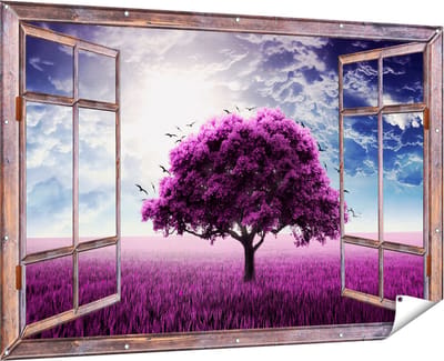 Gards Tuinposter Doorkijk Paarse Boom in het Paars Veld met Vogels - 180x120 cm - Tuindoek - Tuindecoratie - Wanddecoratie buiten - Tuinschilderij