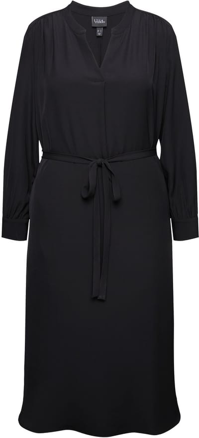 Ulla Popken - Dames - Midi-jurk V-hals strikceintuur V-hals lange mouwen - Zwart - Maat 42