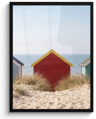 Poster in lijst - Fotolijst 60x80 cm - Posters - Strand - Huisjes - Kleurrijk - Duinen - Posterlijst zwart - Decoratie - Wanddecoratie woonkamer - Muurdecoratie slaapkamer