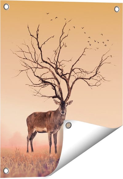 Gards Tuinposter Hert met een Bomen Gewei - 40x50 cm - Tuindoek - Tuindecoratie - Wanddecoratie buiten - Tuinschilderij