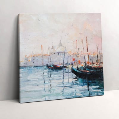 Wallfluent Foto Op Canvas Olieverfschilderij van gondels in Venetië - 60 x 60 cm - Blauw Schilderij Op Canvas - Landschappen Foto Canvas - Natuur Print Op Doek - Kunst Schilderij Canvas