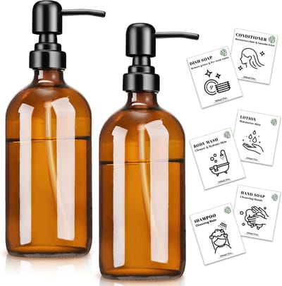 Famanu – Glazen zeepdispensers 500 ml met pomp en labels – Set van 2 – Amber