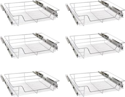 Eleganca draadmand met zijgeleider en Soft Closing - Keukenkast schuiflade – B41.5 cm, H14 cm & D44.5 cm – Uitschuifbaar keukenrek - Geschikt voor kast met frontbreedte van 50cm – Inbouwlade – Maximale belastbaarheid 20kg – RVS – Zilver - 6 Stuks