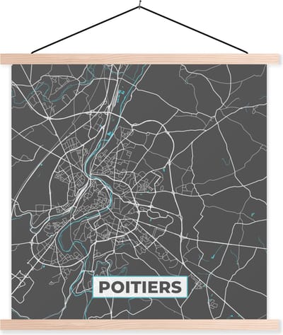 Posterhanger incl. Poster 40x40 cm - Schoolplaat - Frankrijk - Plattegrond - Poitiers - Kaart - Stadskaart - Textielposter - Blanke latten - Stadskaart