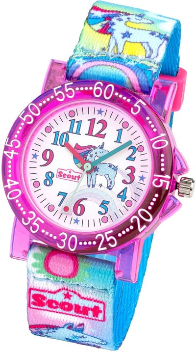Scout Kinderuhr analog aus der Serie "The IT Collection" mit buntem Textilband, Einhorn-Motiv und Quarzwerk