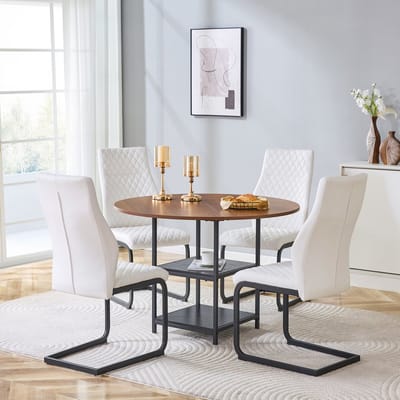 MIVRAY Eethoek 107 cm - Ronde Eettafel Met 4 Stoelen En Opbergrekken - Voor Eetkamer En Keuken - MDF Metaal Wit Zwart