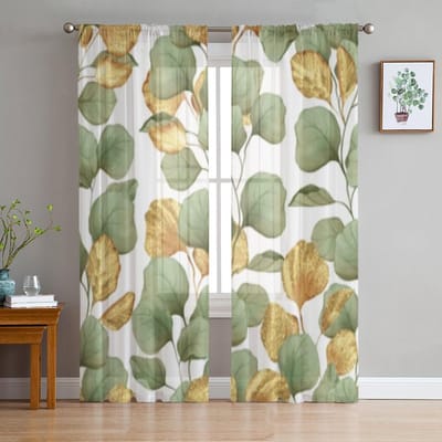 Groene en gouden bladeren doorschijnende gordijnen voor woonkamerraam Transparante voile tule gordijn Slaapkamer gordijnen Woondecoratie 135W x 114H(cm) beige