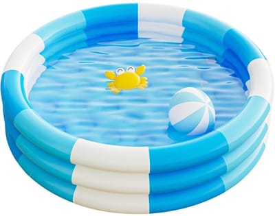 Blauw-Wit Gestreept Opblaasbaar Rond Tuinzwembad 145x25cm met 3 Luchtringen, Duurzaam PVC Kinderbad voor Zomers Water- en Zandspel in de Tuin