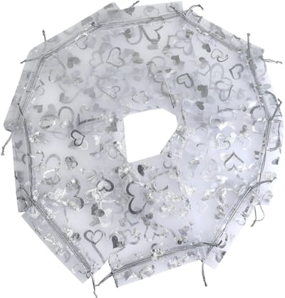 Dailygoods- Portemonnee Set van 10 - Organza Portemonnees - Cadeauzakjes - Zilveren Hartmotieven - Trekkoordsluiting - 100x120 mm