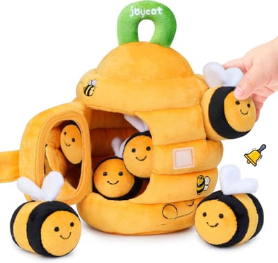 Sensorisch Bijenkorf Speelgoed met 5 Bijtjes - Rammelaar, Knisperpapier & Spiegel voor Baby's 6-12 Maanden
