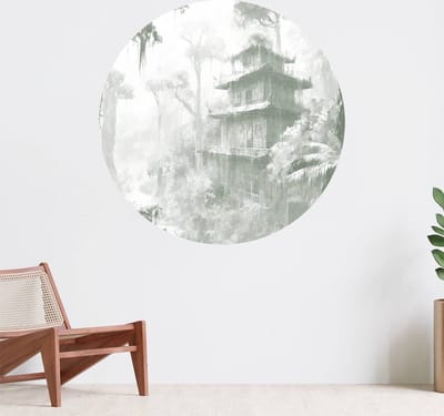 Muurcirkel zelfklevend behang - Verborgen hut in Mistig Woud, groen - Wanddecoratie - 080cm behangcirkel - Ronde sticker voor aan de muur - Behangsticker verkrijgbaar in verschillende formaten