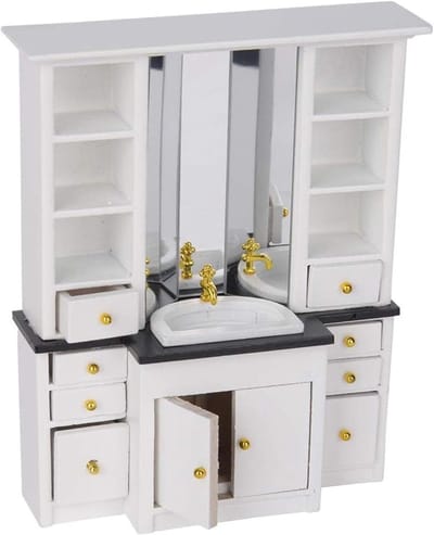 Poppenhuis wastafelkast - Miniatuur meubel - Scène decoratie - Functionele kastdeur - 18 x 15 x 5 cm - Houtkleurig