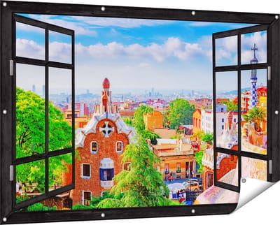 Gards Tuinposter Doorkijk Park Güell in Barcelona - Kleurrijk - 150x100 cm - Tuindoek - Tuindecoratie - Wanddecoratie buiten - Tuinschilderij
