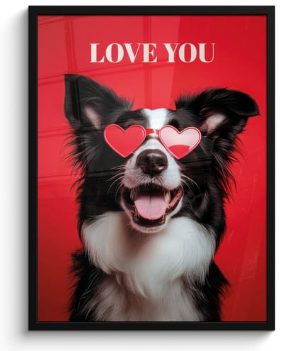 Poster in lijst - Fotolijst 50x70 cm - Posters - Hond - Hartjesbril - Loveyou - Rood - Posterlijst zwart - Decoratie - Wanddecoratie woonkamer - Muurdecoratie slaapkamer