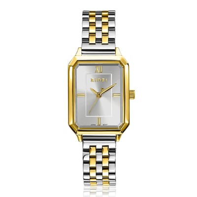 ZINZI Allure horloge 30mm achthoekige goudkleurige kast, zilvergekleurde wijzerplaat en bicolor stalen band, Japans uurwerk ZIW2533