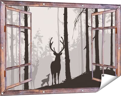 Gards Tuinposter Doorkijk Herten in het Bos - Silhouet - 120x80 cm - Tuindoek - Tuindecoratie - Wanddecoratie buiten - Tuinschilderij