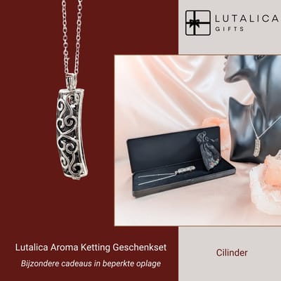 Cilinder. Aroma Ketting met 12 Verwisselbare Lava Stenen van Lutalica Geschenken. Voor Essentiële Oliën & Parfum. Nikkel- en loodvrij. Geleverd in Juwelendoos