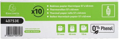 Exacompta 60x Rollen voor bank- en betaalkaartterminals 57x40x12x18 - 1 laags thermisch 55g/m2 zonder Phenol - Longlife papier - Wit - 40753E