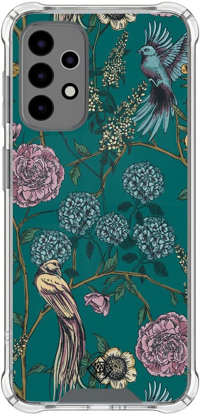 Hoesje (shockproof) geschikt voor Samsung Galaxy A52 5G - Vogels Japanse bloemen - Extra sterke case - TPU/polycarbonaat - Bloemen - Groen, Transparant