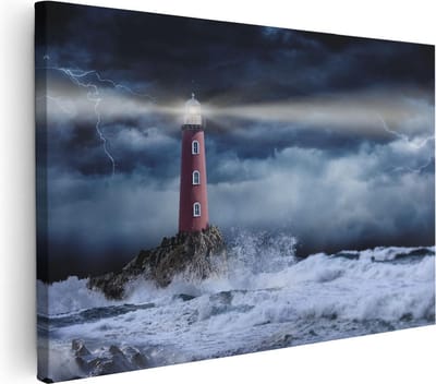 Artaza Canvas Schilderij Zee - 30x20 cm - Klein - Wanddecoratie Vuurtoren - Muurdecoratie Onweer - Schilderijen Op Canvas