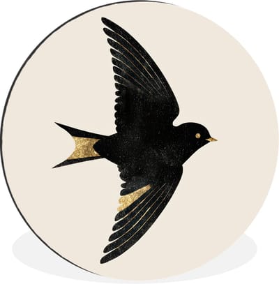 WallCircle - Wandcirkel - Muurcirkel - Zwarte zwaluw - Gouden accenten - Lichte achtergrond - Aluminium - Dibond - 30x30 cm - Binnen en Buiten
