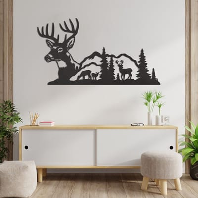 Wanddecoratie Hert Landschap - Muurdecoratie Hert Landschap - Muurdecoratie Hout - Wanddecoratie Hout - Muurdecoratie Woonkamer - Wanddecoratie Woonkamer - Wanddecoratie Industrieel - Wanddecoratie Dieren - Home Decor - Wall Line Art - 89 x 48.5 cm