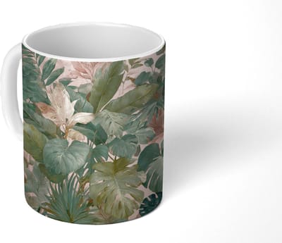 Mok - Koffiemok - Compositie van bladeren - Groen - Roze - Mokken - 350 ML - Beker - Koffiemokken - Theemok