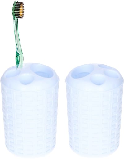 Plasticforte Tandenborstelhouder - 2x - wit - kunststof - geweven - 14 cm - tandenborstel beker