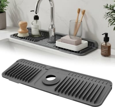 Spatbescherming voor keukenspoelbak, waterkraanmat van siliconen met knop en snelle afwatering, 90 graden inklapbaar, snijbare droogmat voor badkamer (donkergrijs)