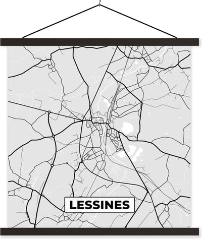 Posterhanger incl. Poster 60x60 cm - Schoolplaat - België – Lessines – Stadskaart – Kaart – Zwart Wit – Plattegrond - Textielposter - Zwarte latten - Stadskaart