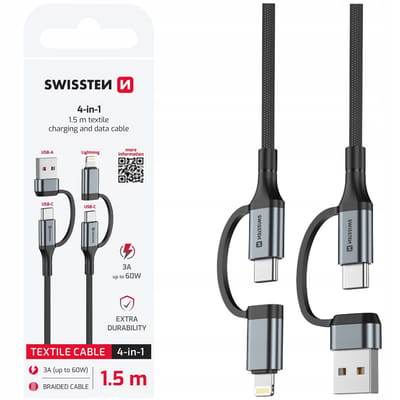 SWISSTEN 4-in-1 Laadkabel 1,5M USB-C, USB-A & Lightning 60W Zwart