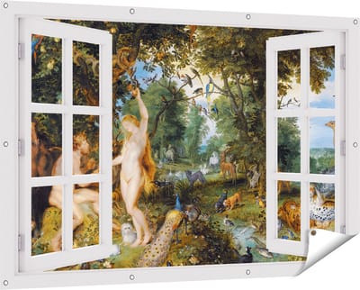 Gards Tuinposter Doorkijk Het Aardse Paradijs met de Zondeval van Adam en Eva - Jan Brueghel - 150x100 cm - Tuindoek - Tuindecoratie - Wanddecoratie buiten - Tuinschilderij