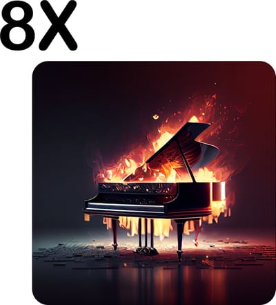 Luxe Placemat - Brandende Piano in het Donker - Set van 8 Placemats - 50x50 cm - 2 mm dik Vinyl - Anti Slip - Afneembaar