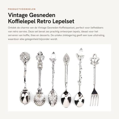 Dailygoods- Koffielepel Set van 6 - Vintage Zinklegering - Theelepel - Dessertlepel - Retro Lepelset - Inclusief Vork