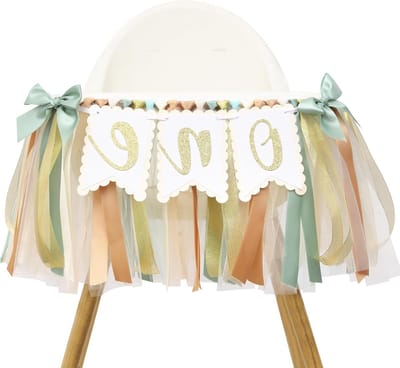 Hoge Stoel Decoraties voor Eerste Verjaardag in Saliegroen met Gouden Accenten, Perfect voor Taart Breken en Feestelijke Versiering