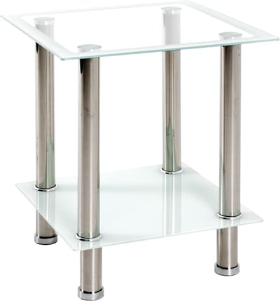 Bijzettafel – Wit en chroom RVS met veiligheidsglas – 40 cm breed, 40 cm diep, 46 cm hoog – Modern vierkant design