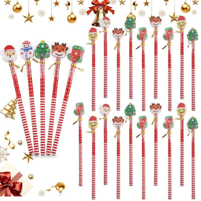 ZEYNOMAX- Kerststiften 24 stuks - Houten kerstpotloden - Met gum - Veelkleurig - Cadeautje voor kinderen - Perfect voor feestelijke tijd