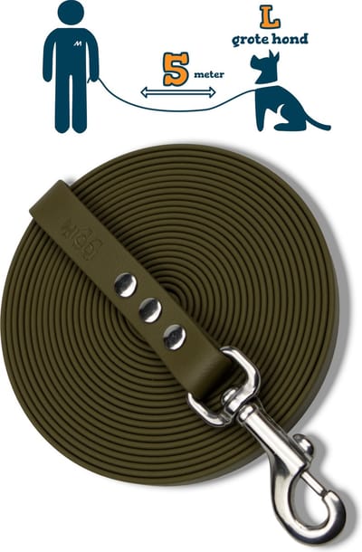 Miqdi BioThane® Sleeplijn 5 meter – zonder handvat – L/XL (19 mm) – olijfgroen – waterdicht & sterk