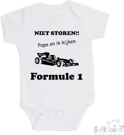 100% katoenen Romper "Niet storen!! Papa en ik kijken Formule 1" Unisex Katoen Wit/zwart Maat 62/68