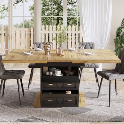 DESMIU Eettafel Uitschuifbaar Met Opbergruimte En Lades Voor Keuken Woonkamer En Balkon MDF En Metaal Natuurhout 110x80x75 Cm