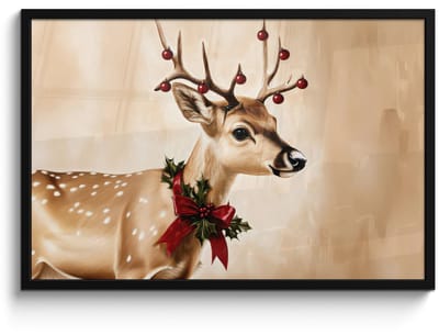 Poster in lijst - Fotolijst 90x60 cm - Posters - Gewei - Kerst - Rendier - Rood - Posterlijst zwart - Decoratie - Wanddecoratie woonkamer - Muurdecoratie slaapkamer - Kerstversiering - Kerstdecoratie voor binnen - Kerstmis