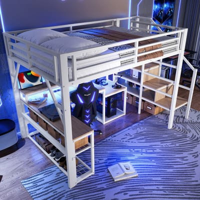 DESMIU Hoogslaper 140x200cm Met Bureau En Opbergruimte, Ledverlichting En Usb Aansluiting, Metalen Frame Met Mdf, Wit, Zonder Matras