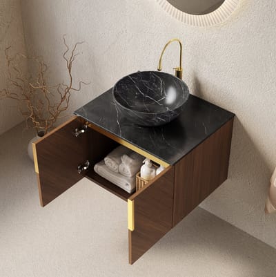OKWISH Badkamerkast - Wandmontage Met Zwarte Keramische Waskom - 61 x 50 x 55,1 cm - 2 Deuren Met Soft-Close - Bruin Eikenlook