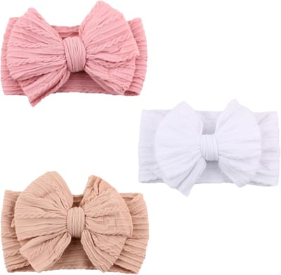 Zachte Haaraccessoires voor Meisjes - 3 Delige Set Baby Haarbanden met Strikken in Donkerroze, Wit en Lichtroze