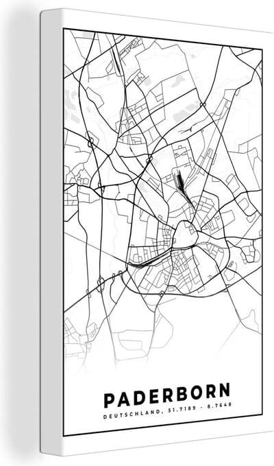 Canvas Schilderij Paderborn - Plattegrond - Kaart - Stadskaart - 20x30 cm - Wanddecoratie