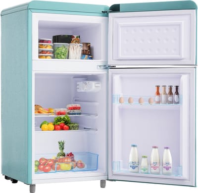 Retro koelkast - Dubbeldeurs koelkast - Koel-vriescombinatie - Vrijstaand - 72L - 39dB - LED licht - Keuken - 91 cm - Koelen - Cyaan