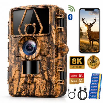 Wildcamera met Wifi App – 8K Ultra HD 60MP – No-Glow Nachtzicht – Incl. 64GB SD-Kaart – IP66 Waterdicht – Trail Camera voor Buiten