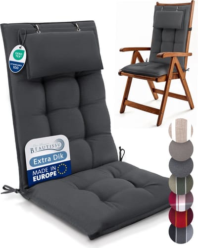 Beautissu Sun-HL – Premium Hoge Rugleuning Stoelkussen 120x50 cm – UV-bestendig – 8cm Dik – met Hoofdkussen & Bevestigingsbanden – Antislip – Antraciet